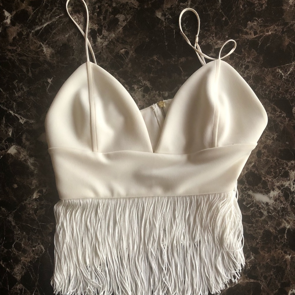 Express white fringe crop top